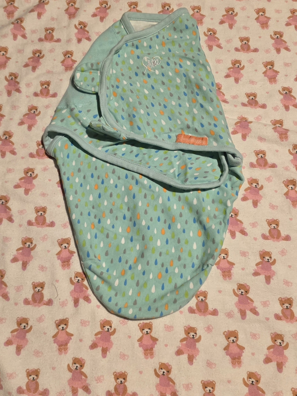 5/$20 Swaddle Me Baby Swaddle Bodysuit in Aqua with Multicolor Raindrop Print
